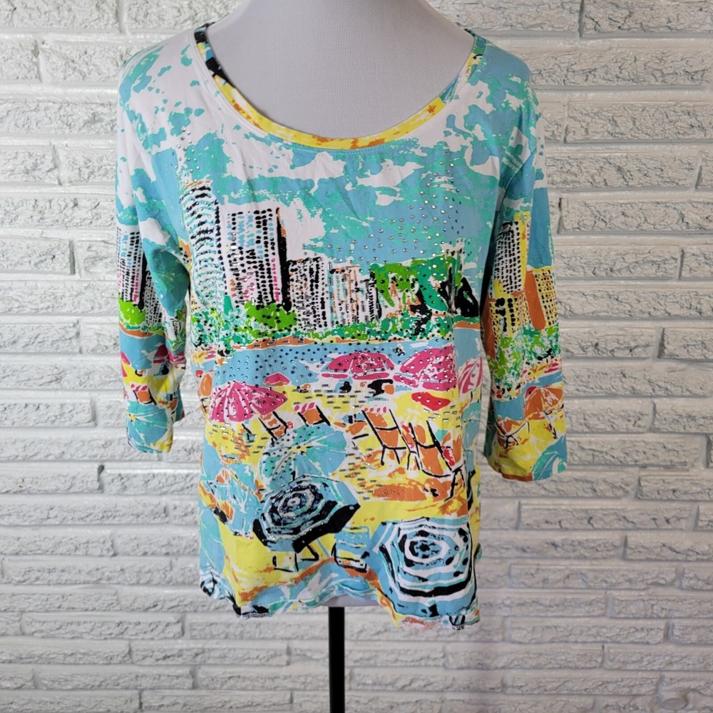 Palm Grove Women's 1X Plus Top Beach Scene Rhinestone Blouse 3/4 Sleeve Cotton
